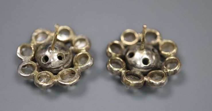 A pair of early 19th century white and yellow metal, old round cut diamond cluster set earrings (no butterflies),